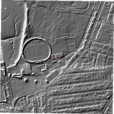 Shaded relief map of the ground around PO29AD, computed from Environment Agency LiDAR. The ground here sits at about 4 m above sea level and falls 9 m across the surrounding 800 m. Surface water reaching this point runs off ground lying to the west, 1.7 m higher.