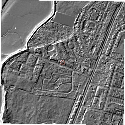 Shaded relief map of the ground around PO29AF, computed from Environment Agency LiDAR. The ground here sits at about 4 m above sea level and falls 6 m across the surrounding 800 m. Surface water reaching this point runs off ground lying to the west-north-west, 1.2 m higher.