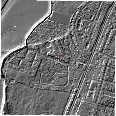Shaded relief map of the ground around PO29AG, computed from Environment Agency LiDAR. The ground here sits at about 3 m above sea level and falls 6 m across the surrounding 800 m. Surface water reaching this point runs off ground lying to the east, 1.2 m higher.