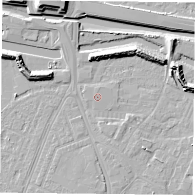 Shaded relief map of the ground around PO29DG, computed from Environment Agency LiDAR. The ground here sits at about 3 m above sea level and falls 13 m across the surrounding 800 m. The ground contributing surface water to this point lies to the north.