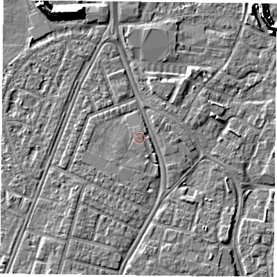 Shaded relief map of the ground around PO29DU, computed from Environment Agency LiDAR. The ground here sits at about 3 m above sea level and falls 10 m across the surrounding 800 m. Surface water reaching this point runs off ground lying to the south, 0.7 m higher.
