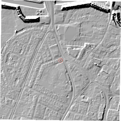 Shaded relief map of the ground around PO29DX, computed from Environment Agency LiDAR. The ground here sits at about 3 m above sea level and falls 11 m across the surrounding 800 m. Surface water reaching this point runs off ground lying to the south-south-west, 1.9 m higher.