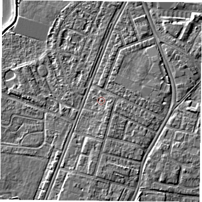 Shaded relief map of the ground around PO29LU, computed from Environment Agency LiDAR. The ground here sits at about 4 m above sea level and falls 5 m across the surrounding 800 m. Surface water reaching this point runs off ground lying to the south-east, 1.2 m higher.