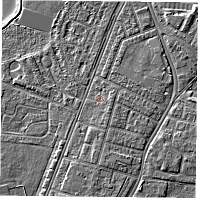 Shaded relief map of the ground around PO29LX, computed from Environment Agency LiDAR. The ground here sits at about 4 m above sea level and falls 5 m across the surrounding 800 m. Surface water reaching this point runs off ground lying to the east-south-east, 0.7 m higher.
