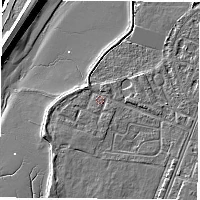 Shaded relief map of the ground around PO29NS, computed from Environment Agency LiDAR. The ground here sits at about 3 m above sea level and falls 14 m across the surrounding 800 m. Surface water reaching this point runs off ground lying to the west-south-west, 2.0 m higher.