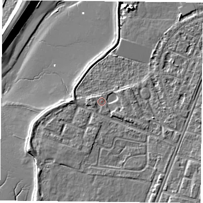 Shaded relief map of the ground around PO29NU, computed from Environment Agency LiDAR. The ground here sits at about 3 m above sea level and falls 15 m across the surrounding 800 m. Surface water reaching this point runs off ground lying to the west-south-west, 2.4 m higher.