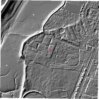 Shaded relief map of the ground around PO29NX, computed from Environment Agency LiDAR. The ground here sits at about 3 m above sea level and falls 12 m across the surrounding 800 m. Surface water reaching this point runs off ground lying to the south, 0.7 m higher.