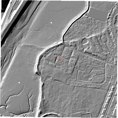 Shaded relief map of the ground around PO29NY, computed from Environment Agency LiDAR. The ground here sits at about 3 m above sea level and falls 13 m across the surrounding 800 m. Surface water reaching this point runs off ground lying to the south-south-west, 1.0 m higher.