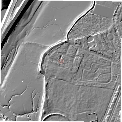 Shaded relief map of the ground around PO29NZ, computed from Environment Agency LiDAR. The ground here sits at about 3 m above sea level and falls 13 m across the surrounding 800 m. Surface water reaching this point runs off ground lying to the south, 1.0 m higher.