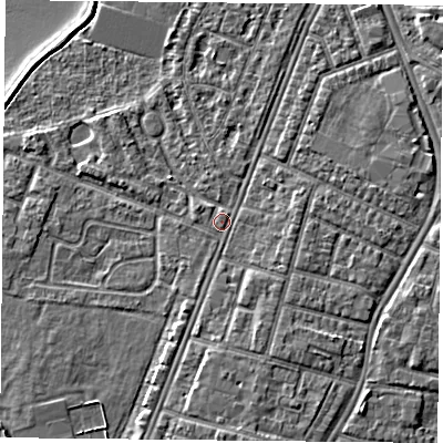 Shaded relief map of the ground around PO29PA, computed from Environment Agency LiDAR. The ground here sits at about 4 m above sea level and falls 5 m across the surrounding 800 m. Surface water reaching this point runs off ground lying to the south-south-east, 1.9 m higher.