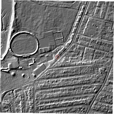 Shaded relief map of the ground around PO29PB, computed from Environment Agency LiDAR. The ground here sits at about 4 m above sea level and falls 9 m across the surrounding 800 m. Surface water reaching this point runs off ground lying to the east-south-east, 2.6 m higher.