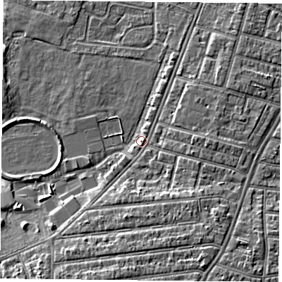 Shaded relief map of the ground around PO29PD, computed from Environment Agency LiDAR. The ground here sits at about 4 m above sea level and falls 5 m across the surrounding 800 m. Surface water reaching this point runs off ground lying to the south-south-east, 4.3 m higher.
