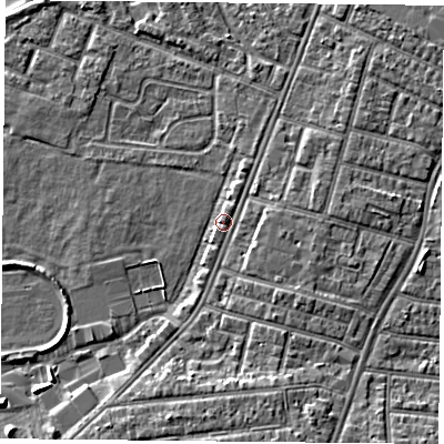 Shaded relief map of the ground around PO29PE, computed from Environment Agency LiDAR. The ground here sits at about 4 m above sea level and falls 6 m across the surrounding 800 m. Surface water reaching this point runs off ground lying to the south-south-east, 3.9 m higher.