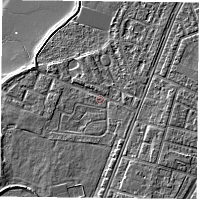 Shaded relief map of the ground around PO29PG, computed from Environment Agency LiDAR. The ground here sits at about 3 m above sea level and falls 6 m across the surrounding 800 m. Surface water reaching this point runs off ground lying to the north, 0.9 m higher.