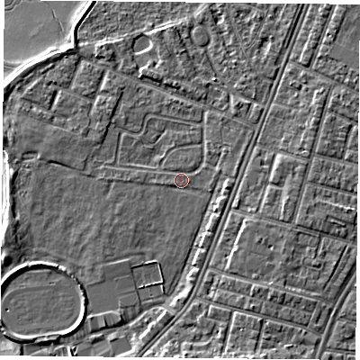 Shaded relief map of the ground around PO29PH, computed from Environment Agency LiDAR. The ground here sits at about 3 m above sea level and falls 6 m across the surrounding 800 m. Surface water reaching this point runs off ground lying to the south-south-east, 3.5 m higher.