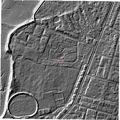 Shaded relief map of the ground around PO29PJ, computed from Environment Agency LiDAR. The ground here sits at about 2 m above sea level and falls 7 m across the surrounding 800 m. Surface water reaching this point runs off ground lying to the south-east, 3.1 m higher.