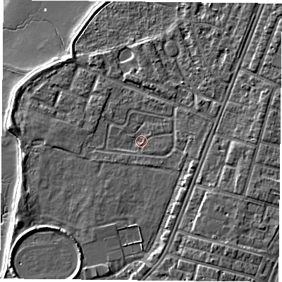 Shaded relief map of the ground around PO29PL, computed from Environment Agency LiDAR. The ground here sits at about 2 m above sea level and falls 7 m across the surrounding 800 m. Surface water reaching this point runs off ground lying to the east, 1.5 m higher.
