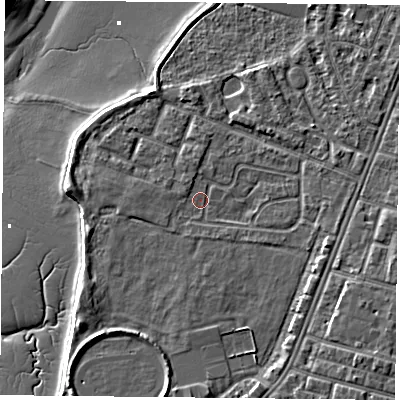 Shaded relief map of the ground around PO29PN, computed from Environment Agency LiDAR. The ground here sits at about 3 m above sea level and falls 9 m across the surrounding 800 m. Surface water reaching this point runs off ground lying to the south, 2.2 m higher.