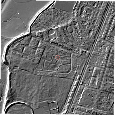 Shaded relief map of the ground around PO29PP, computed from Environment Agency LiDAR. The ground here sits at about 3 m above sea level and falls 7 m across the surrounding 800 m. Surface water reaching this point runs off ground lying to the south-west, 1.9 m higher.