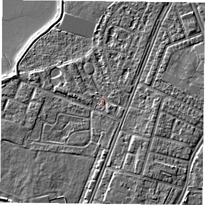 Shaded relief map of the ground around PO29PQ, computed from Environment Agency LiDAR. The ground here sits at about 3 m above sea level and falls 5 m across the surrounding 800 m. Surface water reaching this point runs off ground lying to the east-south-east, 1.3 m higher.