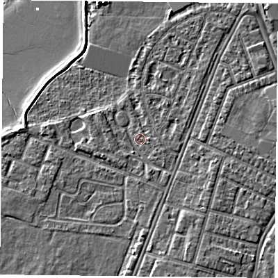 Shaded relief map of the ground around PO29PS, computed from Environment Agency LiDAR. The ground here sits at about 3 m above sea level and falls 6 m across the surrounding 800 m. Surface water reaching this point runs off ground lying to the south-south-east, 1.5 m higher.