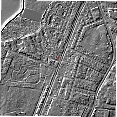 Shaded relief map of the ground around PO29PT, computed from Environment Agency LiDAR. The ground here sits at about 3 m above sea level and falls 5 m across the surrounding 800 m. Surface water reaching this point runs off ground lying to the south, 2.1 m higher.