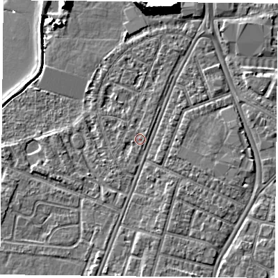 Shaded relief map of the ground around PO29PU, computed from Environment Agency LiDAR. The ground here sits at about 3 m above sea level and falls 11 m across the surrounding 800 m. Surface water reaching this point runs off ground lying to the south-west, 1.1 m higher.