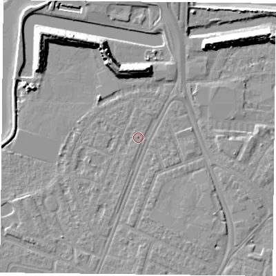 Shaded relief map of the ground around PO29PX, computed from Environment Agency LiDAR. The ground here sits at about 3 m above sea level and falls 12 m across the surrounding 800 m. Surface water reaching this point runs off ground lying to the south, 2.3 m higher.