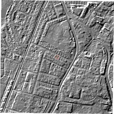Shaded relief map of the ground around PO29QR, computed from Environment Agency LiDAR. The ground here sits at about 4 m above sea level and falls 4 m across the surrounding 800 m. Surface water reaching this point runs off ground lying to the south-south-west, 0.7 m higher.