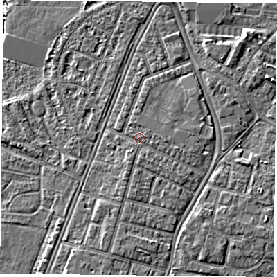 Shaded relief map of the ground around PO29QS, computed from Environment Agency LiDAR. The ground here sits at about 4 m above sea level and falls 4 m across the surrounding 800 m. Surface water reaching this point runs off ground lying to the south-south-west, 1.5 m higher.