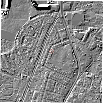 Shaded relief map of the ground around PO29QT, computed from Environment Agency LiDAR. The ground here sits at about 3 m above sea level and falls 10 m across the surrounding 800 m. Surface water reaching this point runs off ground lying to the south-south-west, 1.0 m higher.