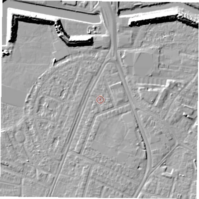 Shaded relief map of the ground around PO29QX, computed from Environment Agency LiDAR. The ground here sits at about 3 m above sea level and falls 11 m across the surrounding 800 m. Surface water reaching this point runs off ground lying to the south-south-west, 0.7 m higher.