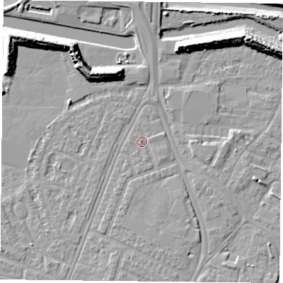 Shaded relief map of the ground around PO29QY, computed from Environment Agency LiDAR. The ground here sits at about 3 m above sea level and falls 12 m across the surrounding 800 m. Surface water reaching this point runs off ground lying to the south-east, 0.9 m higher.