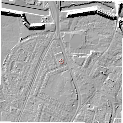 Shaded relief map of the ground around PO29QZ, computed from Environment Agency LiDAR. The ground here sits at about 3 m above sea level and falls 11 m across the surrounding 800 m. Surface water reaching this point runs off ground lying to the south-south-east, 0.5 m higher.