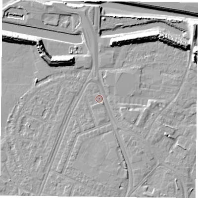 Shaded relief map of the ground around PO29RA, computed from Environment Agency LiDAR. The ground here sits at about 3 m above sea level and falls 12 m across the surrounding 800 m. Surface water reaching this point runs off ground lying to the east-south-east, 2.6 m higher.
