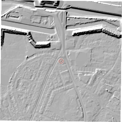Shaded relief map of the ground around PO29RB, computed from Environment Agency LiDAR. The ground here sits at about 3 m above sea level and falls 13 m across the surrounding 800 m. Surface water reaching this point runs off ground lying to the south-east, 2.6 m higher.