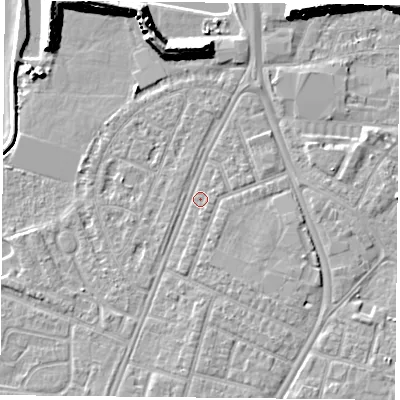 Shaded relief map of the ground around PO29RD, computed from Environment Agency LiDAR. The ground here sits at about 3 m above sea level and falls 11 m across the surrounding 800 m. Surface water reaching this point runs off ground lying to the south, 2.2 m higher.