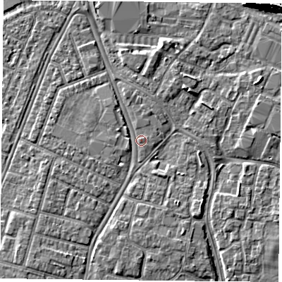 Shaded relief map of the ground around PO29RH, computed from Environment Agency LiDAR. The ground here sits at about 3 m above sea level and falls 10 m across the surrounding 800 m. Surface water reaching this point runs off ground lying to the south, 0.6 m higher.