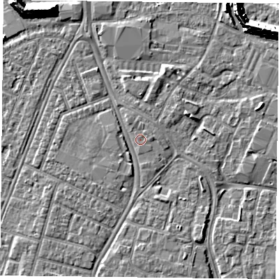 Shaded relief map of the ground around PO29RN, computed from Environment Agency LiDAR. The ground here sits at about 3 m above sea level and falls 11 m across the surrounding 800 m. Surface water reaching this point runs off ground lying to the north, 0.8 m higher.