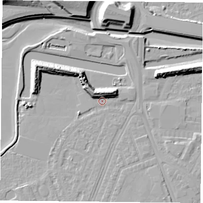 Shaded relief map of the ground around PO29RP, computed from Environment Agency LiDAR. The ground here sits at about 2 m above sea level and falls 16 m across the surrounding 800 m. Surface water reaching this point runs off ground lying to the south, 1.6 m higher.
