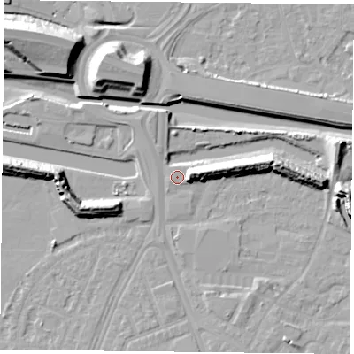 Shaded relief map of the ground around PO29RR, computed from Environment Agency LiDAR. The ground here sits at about 3 m above sea level and falls 16 m across the surrounding 800 m. Surface water reaching this point runs off ground lying to the east, 7.6 m higher.