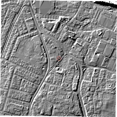 Shaded relief map of the ground around PO29RS, computed from Environment Agency LiDAR. The ground here sits at about 3 m above sea level and falls 10 m across the surrounding 800 m. Surface water reaching this point runs off ground lying to the south-south-west, 2.7 m higher.