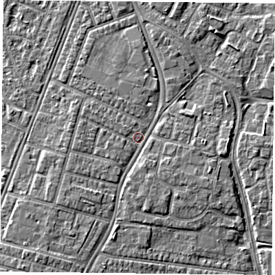Shaded relief map of the ground around PO29SD, computed from Environment Agency LiDAR. The ground here sits at about 3 m above sea level and falls 4 m across the surrounding 800 m. Surface water reaching this point runs off ground lying to the south-west, 2.4 m higher.