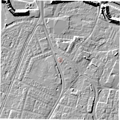 Shaded relief map of the ground around PO29SE, computed from Environment Agency LiDAR. The ground here sits at about 3 m above sea level and falls 11 m across the surrounding 800 m. Surface water reaching this point runs off ground lying to the east-south-east, 1.1 m higher.
