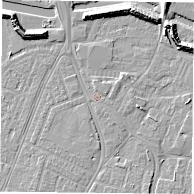 Shaded relief map of the ground around PO29SG, computed from Environment Agency LiDAR. The ground here sits at about 3 m above sea level and falls 11 m across the surrounding 800 m. Surface water reaching this point runs off ground lying to the east-north-east, 1.8 m higher.