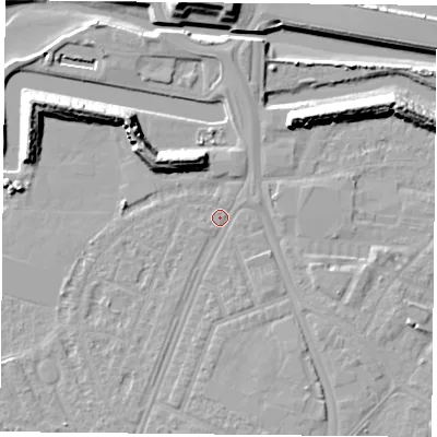 Shaded relief map of the ground around PO29SH, computed from Environment Agency LiDAR. The ground here sits at about 3 m above sea level and falls 13 m across the surrounding 800 m. Surface water reaching this point runs off ground lying to the south, 1.7 m higher.