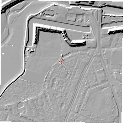 Shaded relief map of the ground around PO29SL, computed from Environment Agency LiDAR. The ground here sits at about 3 m above sea level and falls 12 m across the surrounding 800 m. Surface water reaching this point runs off ground lying to the south-south-east, 2.2 m higher.