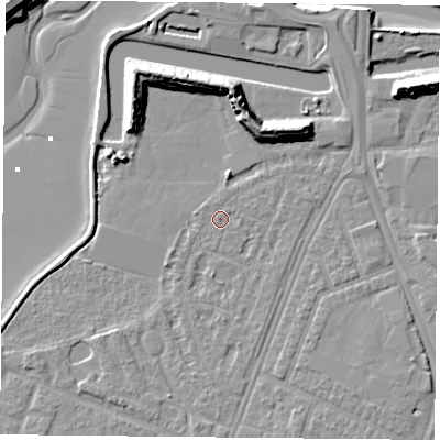 Shaded relief map of the ground around PO29SN, computed from Environment Agency LiDAR. The ground here sits at about 3 m above sea level and falls 12 m across the surrounding 800 m. The ground contributing surface water to this point lies to the west-north-west.