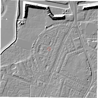 Shaded relief map of the ground around PO29SP, computed from Environment Agency LiDAR. The ground here sits at about 3 m above sea level and falls 12 m across the surrounding 800 m. Surface water reaching this point runs off ground lying to the south-south-east, 1.1 m higher.