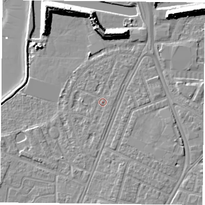 Shaded relief map of the ground around PO29SR, computed from Environment Agency LiDAR. The ground here sits at about 3 m above sea level and falls 12 m across the surrounding 800 m. Surface water reaching this point runs off ground lying to the east-north-east, 0.9 m higher.